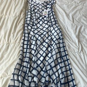 White and navy patterned midi dress